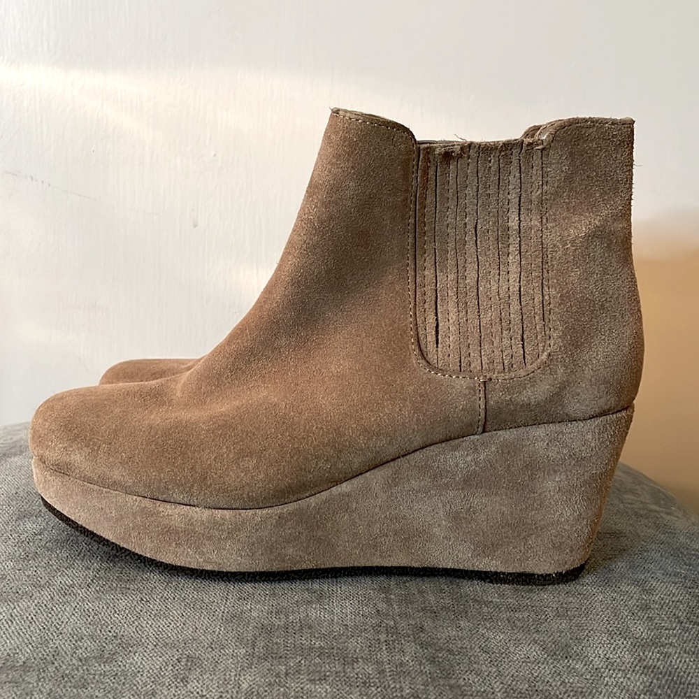 BCBGeneration Beige Suede pull-on wedge booties